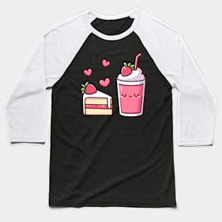 Cute Kawaii Strawberry Milkshake and Cake in Love | Kawaii Food Gift for Couples Baseball T-Shirt